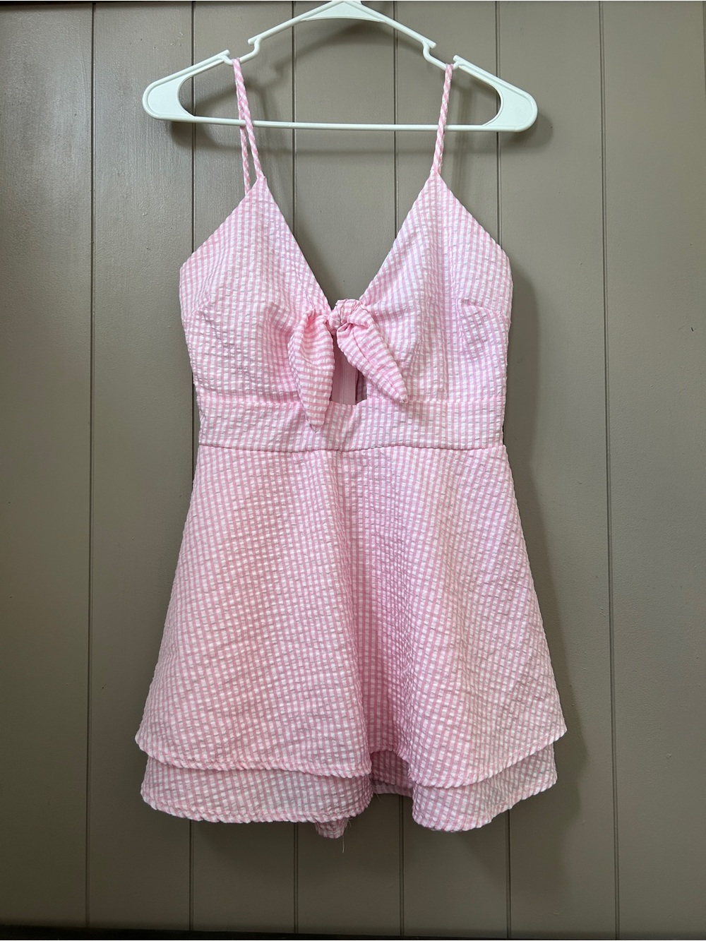 Front-bow tied Romper pink and white gingham